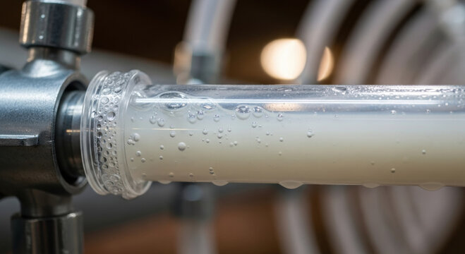 Close up of fresh animal milk flowing through pipe using modern tech on dairy farm. Automated equipment for pasteurization ensures efficient food production in agriculture
