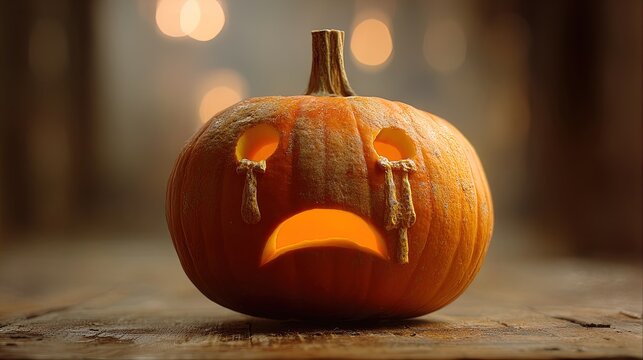 surreal jack-o'-lantern with sad childlike face: eerie macro photography for unique halloween decor or eerie sports interior poster
