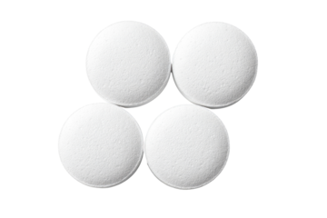 Four white round pills arranged in a symmetrical pattern