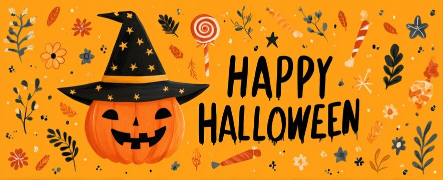 A vibrant Halloween-themed illustration featuring a cheerful pumpkin wearing a wizard hat, surrounded by flowers and candy, perfect for festive decorations, party invitations
