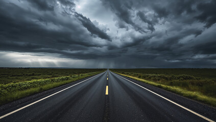 Naklejka premium Dramatic Road Under Dark Stormy Clouds Approaching