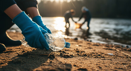 Hands in gloves picking plastic bottle from sandy riverbank, environmental cleanup and pollution prevention