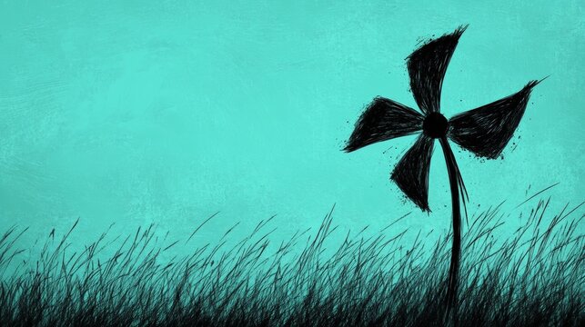 This imaginative illustration features a black windmill silhouette standing tall amidst grassy fields under a vibrant turquoise sky, evoking a sense of tranquility and creativity.