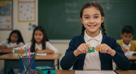 Girl sharpening pencil at classroom desk, student learning and education concept