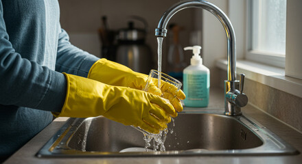 Muslim woman rinsing dishes in home kitchen sink with yellow gloves, household cleaning and hygiene