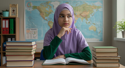 Muslim girl with schoolbooks at desk, focused student in classroom setting with world map, educational and cultural diversity