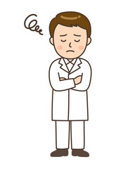 腕を組んで悩んでいる若い男性薬剤師のイラスト