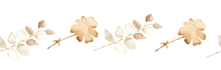 Flower and leaves border on a white background. Hand-drawn illustration. Perfect for autumn.	