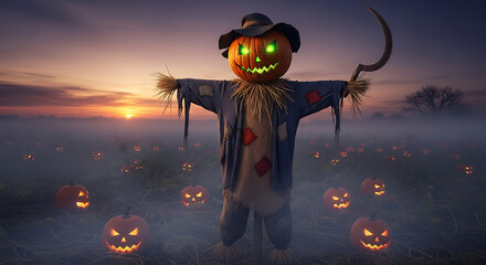 Spooky Halloween Scarecrow with Glowing Pumpkin Head and Jack-o-Lanterns at Dusk.