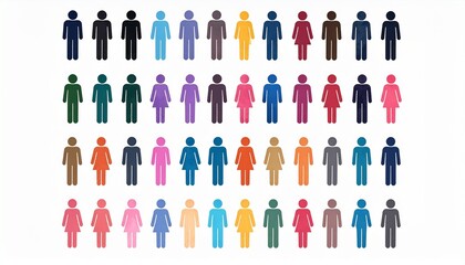 Grid of 56 stylized human figures in 7 rows and 8 columns, mix of male and female icons in varied colors, evenly spaced on white background, representing diversity and demographic visualization.