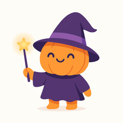 Obraz premium Cute Pumpkin Character Dressed as Witch with Wand Vector Illustration