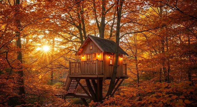 Charming wooden treehouse nestled in autumn tree with warm lights.
