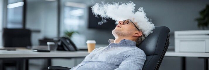 Overwhelmed Professional Relaxing Amidst Smoke and Exhaustion at Work, Facing Mental Challenges