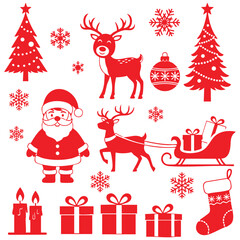 Fototapeta premium Christmas clip art images showcasing trees, gifts, snowflakes, and other holiday symbols.