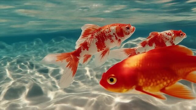 Two goldfish swimming in transparent water with light reflections
