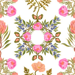 Botanical print with blueberries, poppies, peonies, protea on a white background. Hand-drawn print