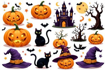 Whimsical Halloween Scene with Pumpkins Cats and Haunted House