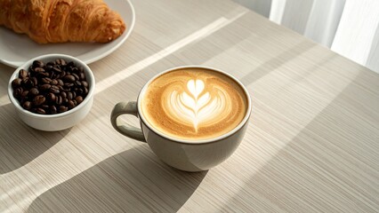 Elegant Coffee Still Life Latte Art Croissant and Coffee Beans on Wooden Surface with Natural Light and Airy Ambiance