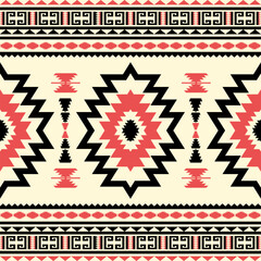 Seamless geometric pattern with inspired zig zag and star motifs in red black and cream tribal ethnic folk ornament decoration