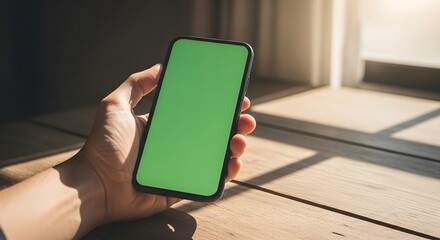 Close-up of a hand holding a modern smartphone with a green screen, ready for content. Sunlight casts shadows on wood, emphasizing modern technology and digital interaction