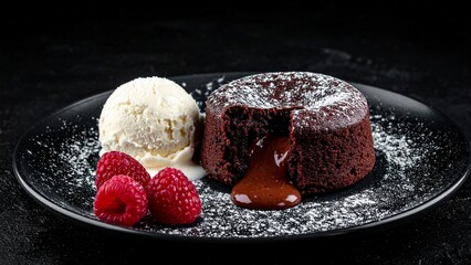 Delicious Chocolate Lava Cake Delight A Decadent Dessert with Raspberries and Vanilla Ice Cream on a Dark Plate