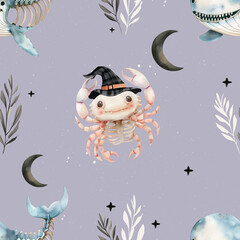 Spooky Lobster and Whale Pattern, Halloween Pattern, Halloween Skeleton Lobster, Whale, 