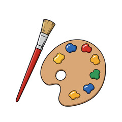 Illustration of a paint palette with various colors and a paintbrush.