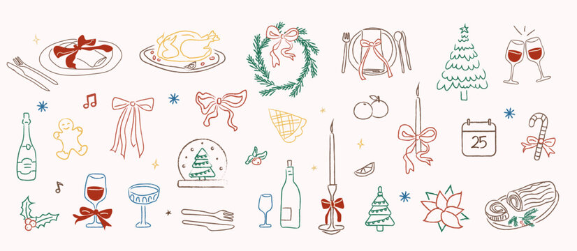 Retro whimsical Christmas dinner doodle elements with food, drinks, bows, candles, tree, wreath, and festive icons. Hand drawn holiday clipart set for menus, cards, invitations. Vector illustration.