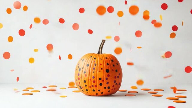 Vibrant Orange Pumpkin with Dots Surrounded by Colorful Confetti on White Background for Fall Celebration 4k video footage