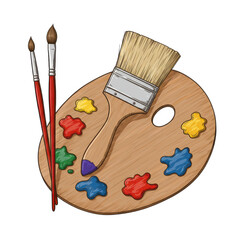 Artistic still life featuring a wooden palette with colorful paint and paintbrushes, ready for creative expression.