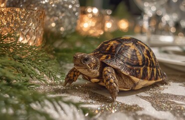 Obraz premium Box turtle celebrating christmas holiday with festive decor