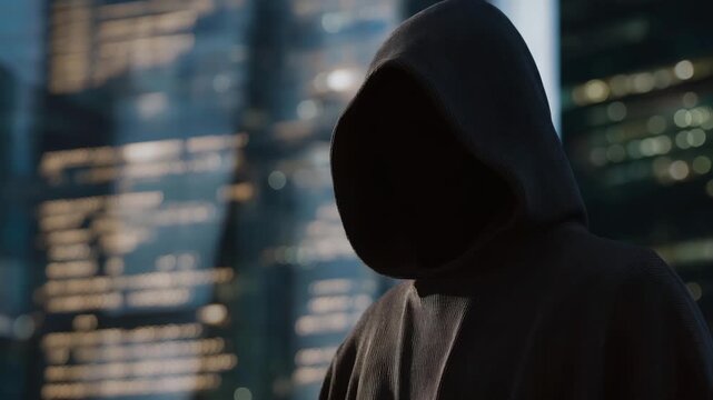 Silhouette of a hooded figure standing in front of cascading lines of code projected on walls, evoking cyber mystery, anonymity, digital secrecy, hacker mythology, and the enigma of invisible