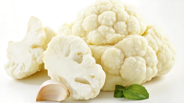 Fresh cauliflower and garlic arranged on a white surface, perfect for cooking or still life photography