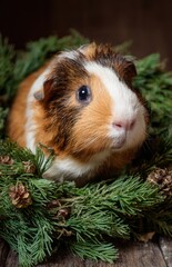 Guinea pig resting in festive pine wreath at christmas