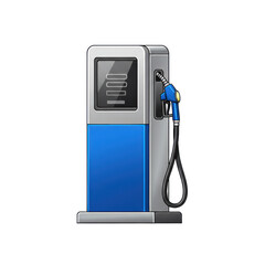 A modern blue and silver gas pump with a black hose and nozzle, isolated on a white background.