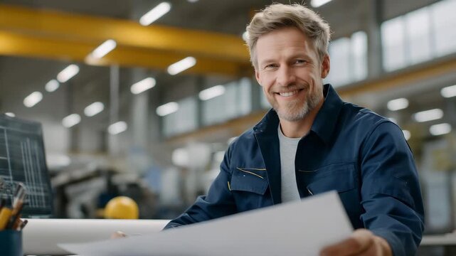 A mechanical engineer reviews a machine blueprint in a workshop, with tools clanking, a prototype on a bench, a computer showing schematics, and oil cans nearby, shown in a technical photo with