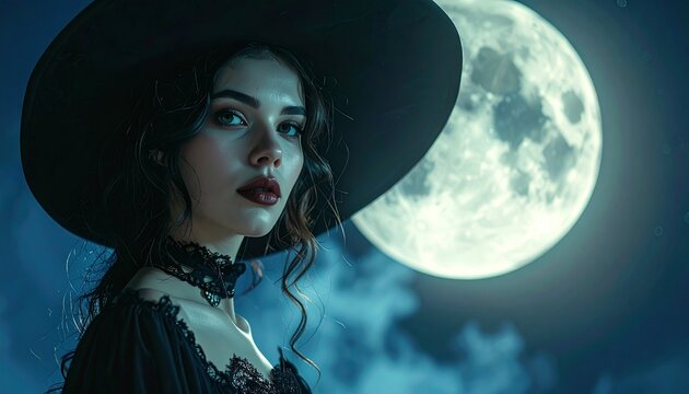 Retrato de una mujer disfrazada de bruja elegante con fondo de luna llena, luz tenue, atm&oacute;sfera m&aacute;gica, iluminaci&oacute;n cinematogr&aacute;fica