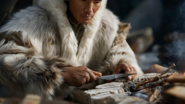An Inuit hunter, their face weathered, sharpens a harpoon, its bone tip gleaming. A sealskin coat, its surface taut, wraps their frame. A fire crackles, its logs charred, in a stone ring. A frozen