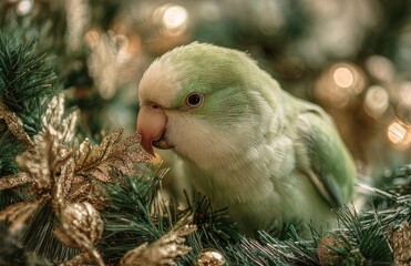 Green parrot perching on a decorated christmas tree branch