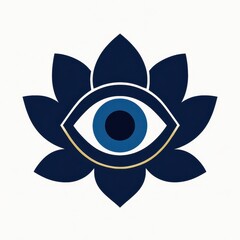 Minimalist vector illustration of a blue lotus flower with a central mystic eye, symbolizing spirituality, awareness, and protection.