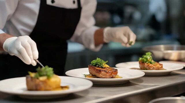 Fine dining perfection is achieved as gloved hands of a skilled chef carefully plate gourmet dishes, emphasizing culinary artistry, food safety, and the elegance of haute cuisine. three-quarter