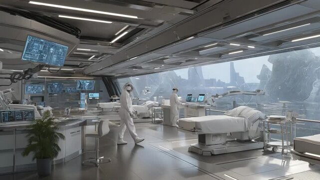 Futuristic medical clinic with cybernetic enhancement stations, robotic surgeons adjusting bionic limbs, patients receiving advanced implants, highlighting medical technology, human augmentation,