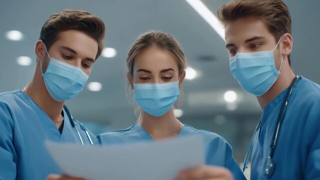 Healthcare staff reading pandemic protocol guidelines with serious expressions, symbolizing global safety, medical preparedness, and adherence to protective standards in modern hospitals.