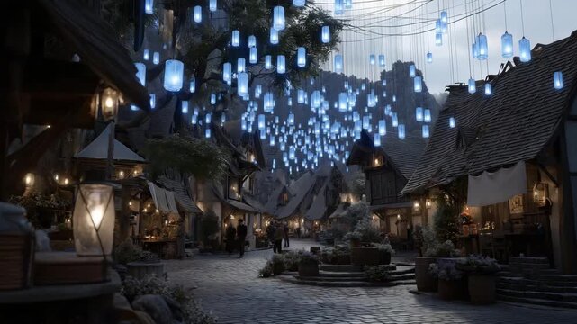 Lanterns of blue energy bob above cobblestone streets in a fairy tale village with thatched roofs, market stalls, villagers in period attire chatting, and a central well adorned with flowers,