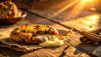 Warm Chocolate Chip Cookie Delight A Sweet Indulgence Bathed in Golden Sunlight on Rustic Wooden Surface with Cinnamon