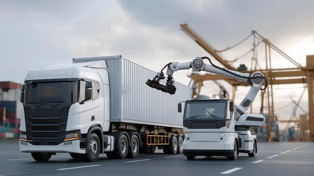 Massive smart port where robotic arms transfer intelligent containers to autonomous trucks, symbolizing high-speed logistics innovation, maritime automation, and fully integrated AI-driven