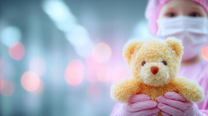 Fototapeta premium A young child in colorful medical scrubs holds a soft teddy bear close. The setting is bright with blurred lights, giving a warm and caring atmosphere. The child wears a mask and gloves
