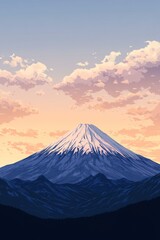 Mountain with a snow covered peak is shown in the background. The sky is cloudy and the sun is setting