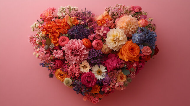 Stunning heart made of vibrant flowers against a pink backdrop, perfect for expressing love, romance, and heartfelt emotions on special occasions