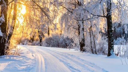 Obraz premium A cold winter landscape featuring a snowy forest path under a dramatic sky at sunrise or sunset